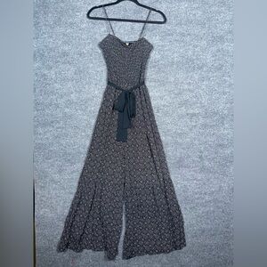 Free People Women’s Small Black Floral Bow Belted Smocked Boho Wide Leg Jumpsuit